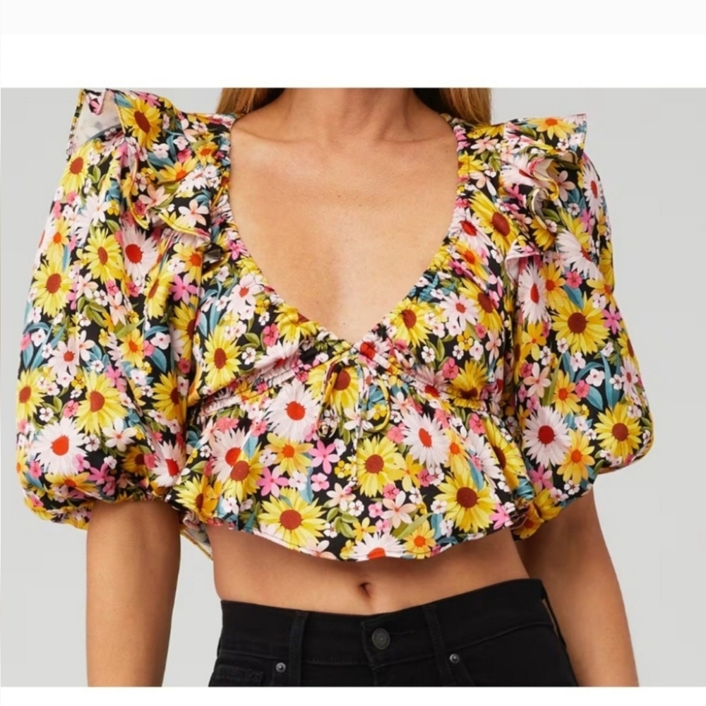 For Love And LEMONS Floral Puff Sleeve Genn Crop Top Size XS - Picture 3 of 11